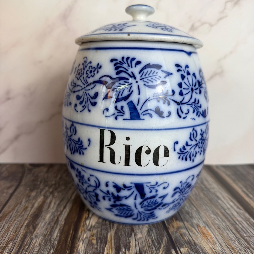 Rice Canister Blue White Floral Ceramic Lidded Storage Jar Vintage Farmhouse